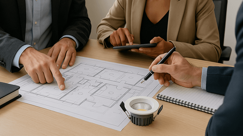 A business meeting discussing lighting plans and blueprints