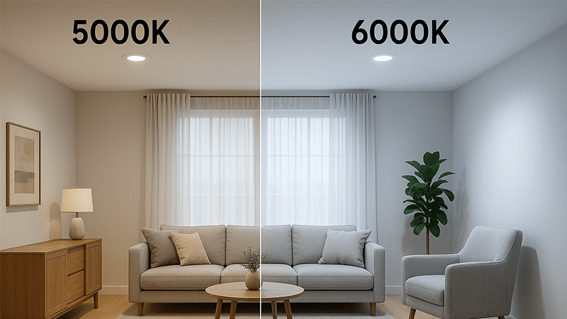 A side-by-side comparison of a room lit with 5000K and 6000K light
