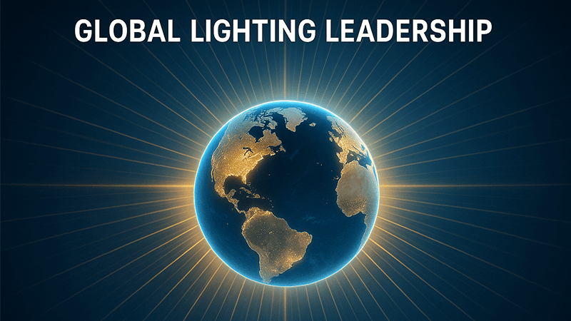 A globe with light rays emanating from it, symbolizing global lighting leadership