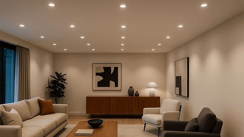 A modern living room with perfectly spaced recessed downlights illuminating the space.