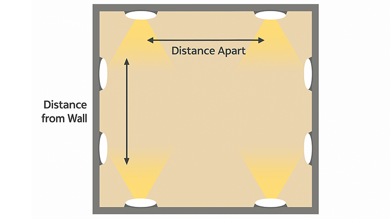 A diagram illustrating the spacing rules for recessed lighting in a room.