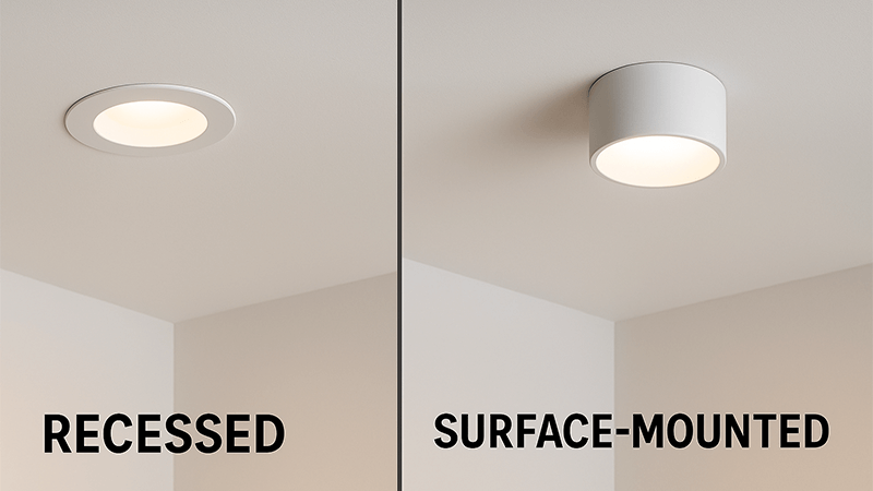 A side-by-side comparison of a recessed downlight and other downlight types.