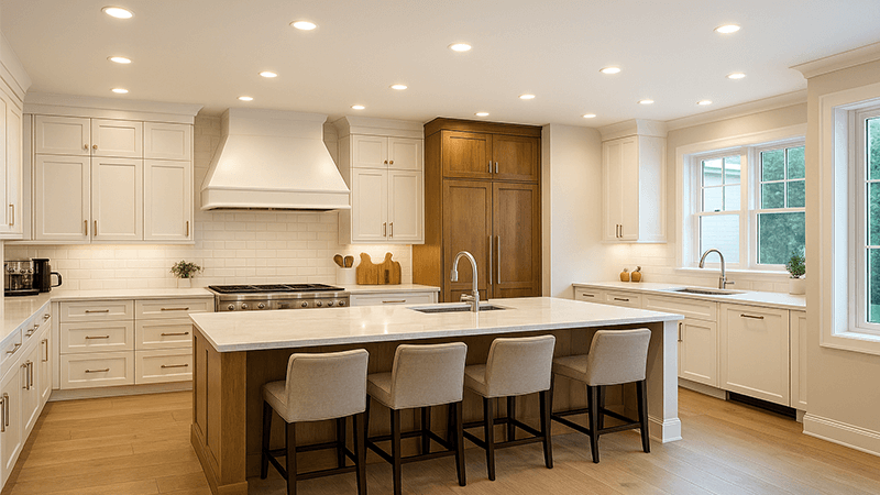 A beautiful, modern kitchen with recessed lighting that makes the space look bright and expensive.