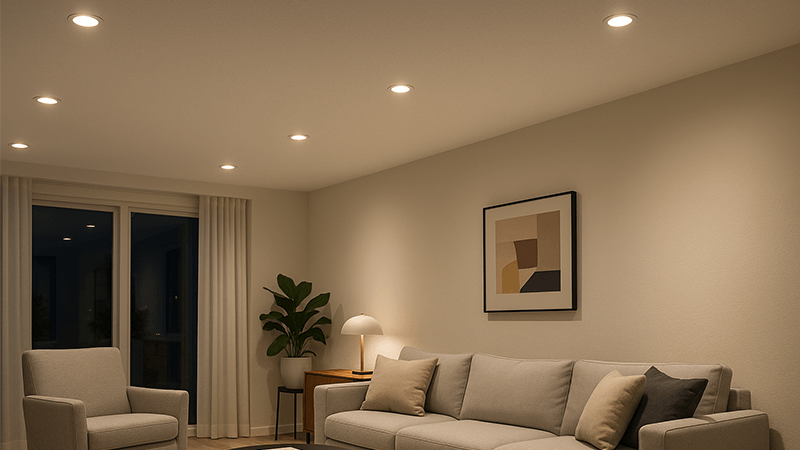 A modern living room illuminated by several sleek LED downlights.