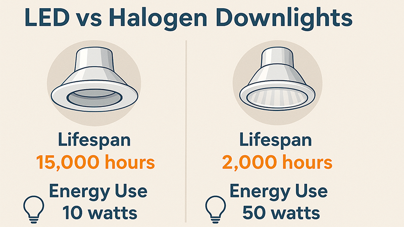 An infographic comparing the lifespan and energy use of LED vs Halogen downlights.