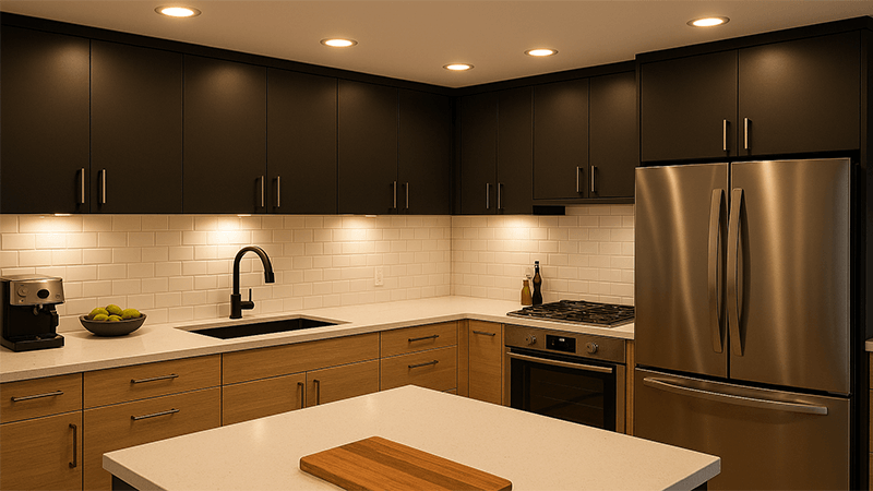 A stylish kitchen with recessed downlights providing task lighting over the countertops.