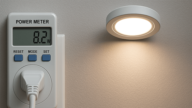 A power meter showing the low wattage consumption of an LED downlight.
