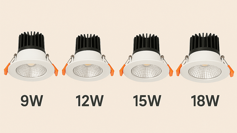 Various LED downlights with different wattages displayed