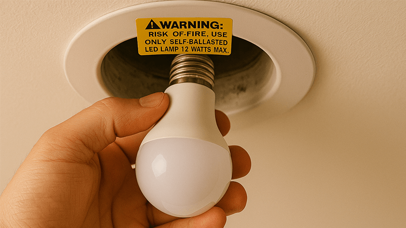 An LED bulb being screwed into a light fixture with a wattage warning sticker
