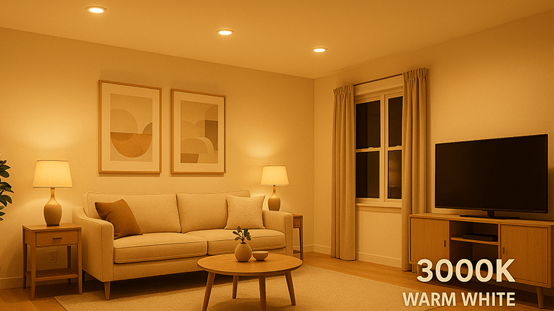 A cozy living room illuminated with 3000K warm white light