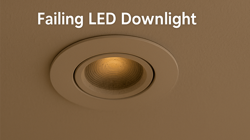 A flickering LED downlight installed in a ceiling