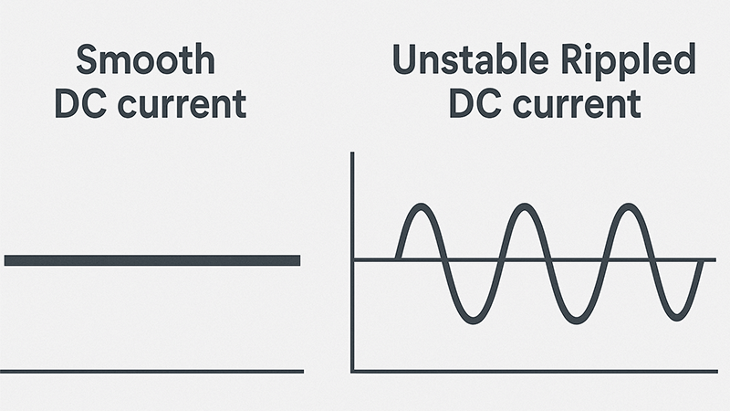 A diagram comparing smooth DC current to unstable rippled DC current