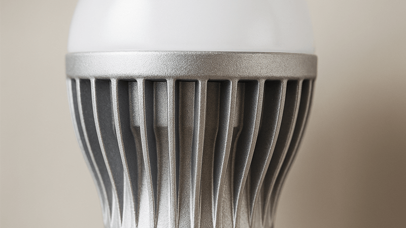A close-up of an aluminum heat sink on an LED bulb