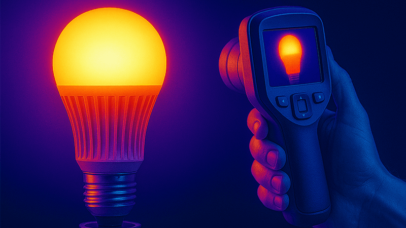 An LED bulb being tested with a thermal camera to show heat distribution