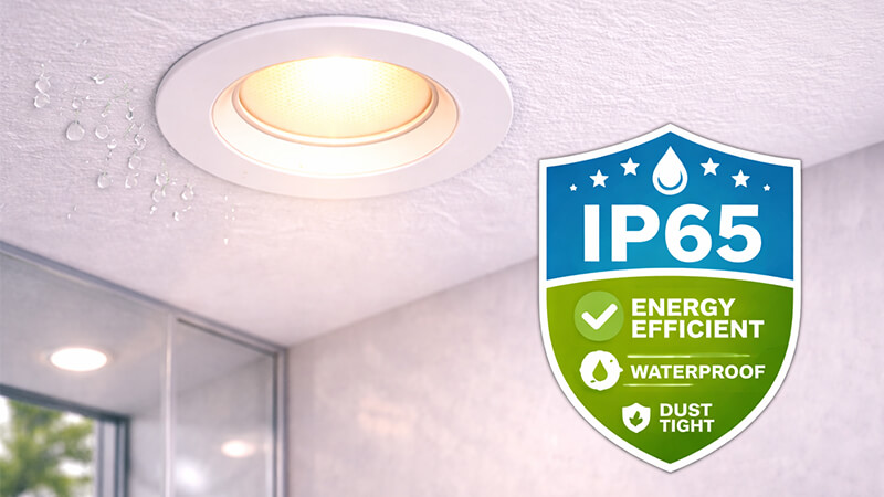 An energy-efficient IP65 rated LED downlight in a modern ceiling