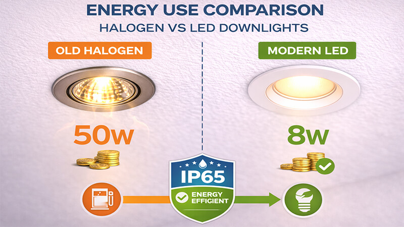 A graphic comparing the energy use of a halogen downlight versus an LED downlight
