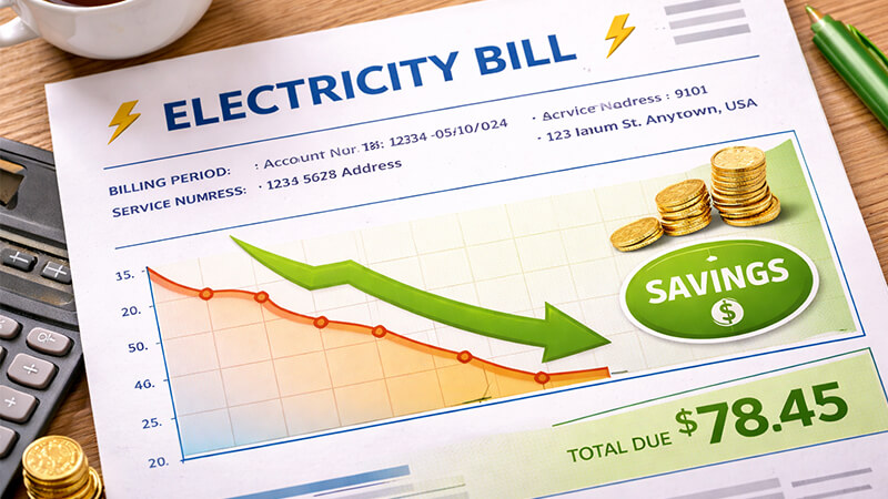 An electricity bill with a downward trending graph indicating savings