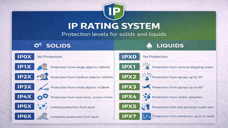 A diagram explaining the different levels of the IP rating system for solids and liquids