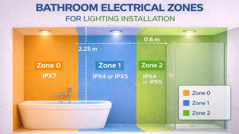 A diagram showing bathroom electrical zones 0, 1, and 2 for lighting installation