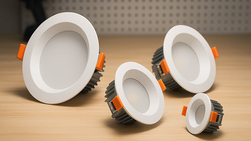 A collection of high-quality LED downlights on a workbench