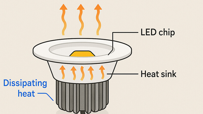 A diagram showing the heat sink on an LED downlight dissipating heat away from the chip
