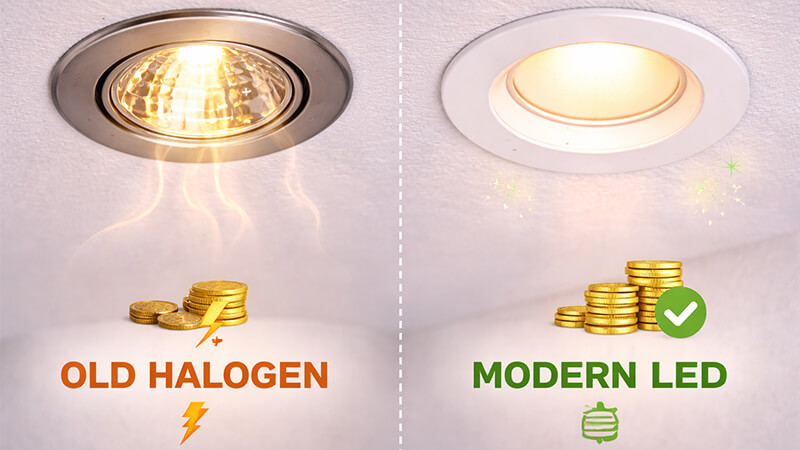 Old halogen spotlight vs modern LED spotlight