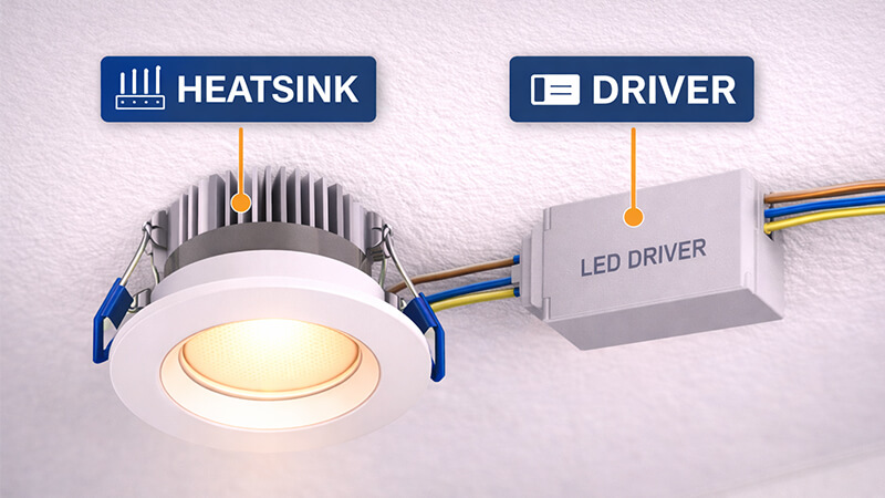 Diagram of an LED downlight showing heatsink and driver