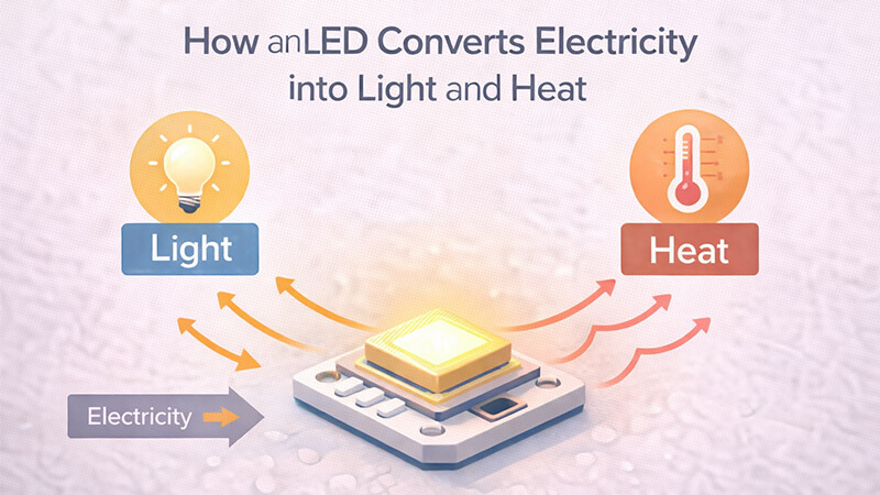 An infographic showing how an LED converts electricity into light and heat.