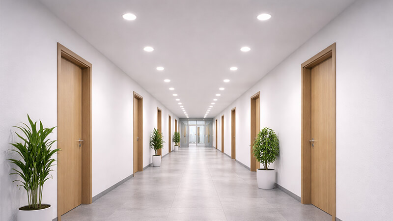 A long hallway in a commercial building brightly lit by many LED downlights that are on continuously.