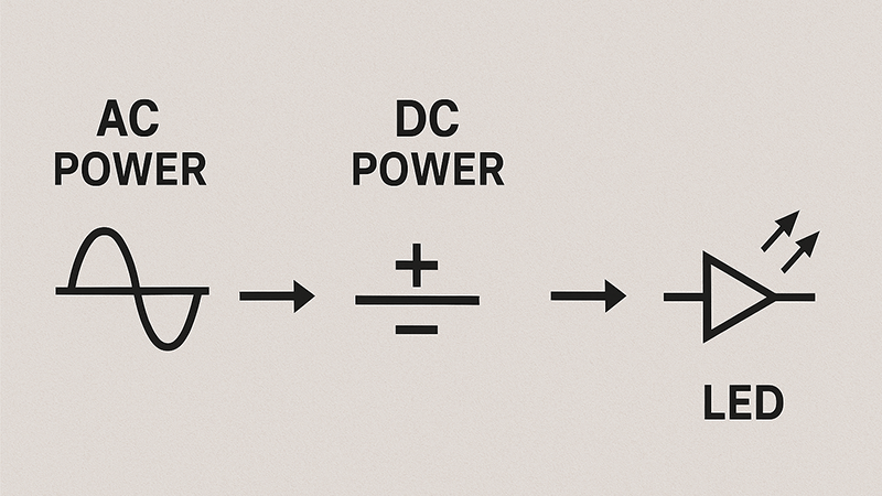 A diagram showing AC power converting to DC power for an LED
