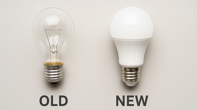 A comparison of an old incandescent bulb next to a new LED bulb