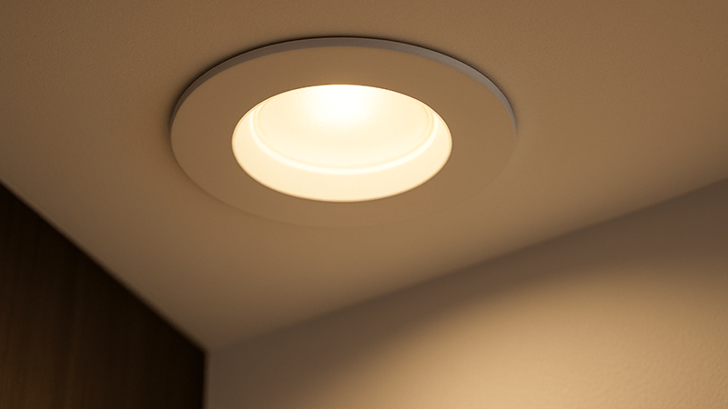 A close-up shot of a sleek, modern LED downlight installed in a ceiling