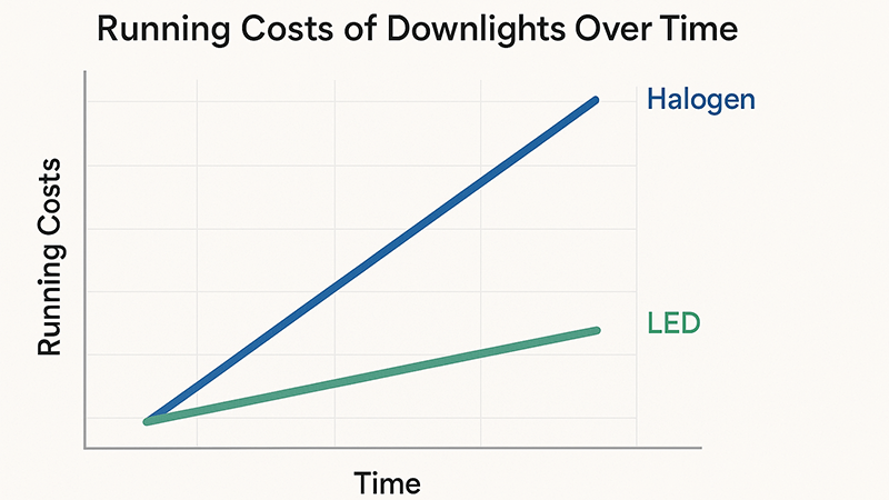 A chart showing the declining running costs of LED downlights over time compared to halogen