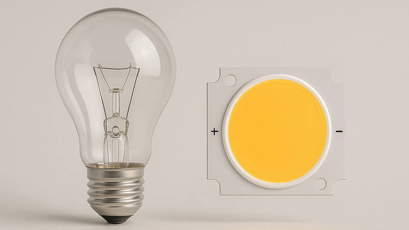 an old incandescent bulb next to a modern LED chip