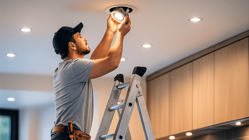a maintenance worker on a ladder replacing a ceiling downlight