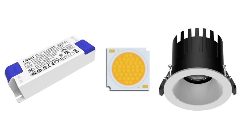 a disassembled LED downlight showing the driver, chip, and heatsink