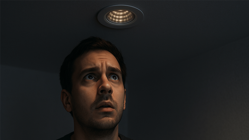 a person looking up at a dim, flickering LED downlight
