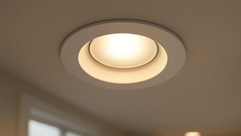 A close-up of a modern LED downlight installed in a ceiling