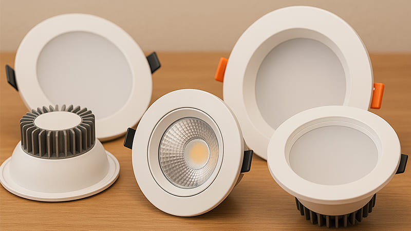 A collection of different types of LED downlights on a table