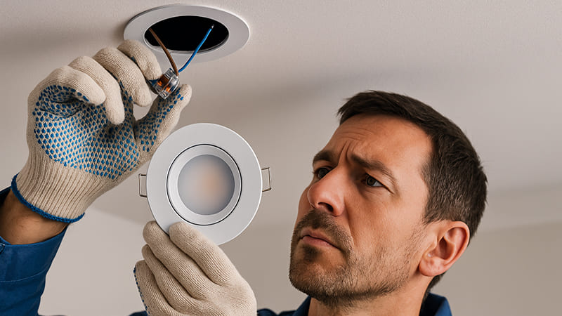 An electrician installing an LED downlight in a ceiling