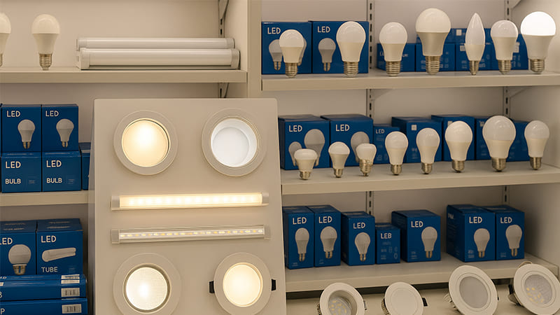 A display of various LED lighting products in a store