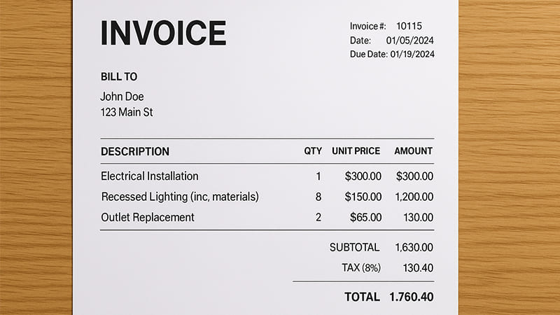 A detailed invoice for an electrical installation service