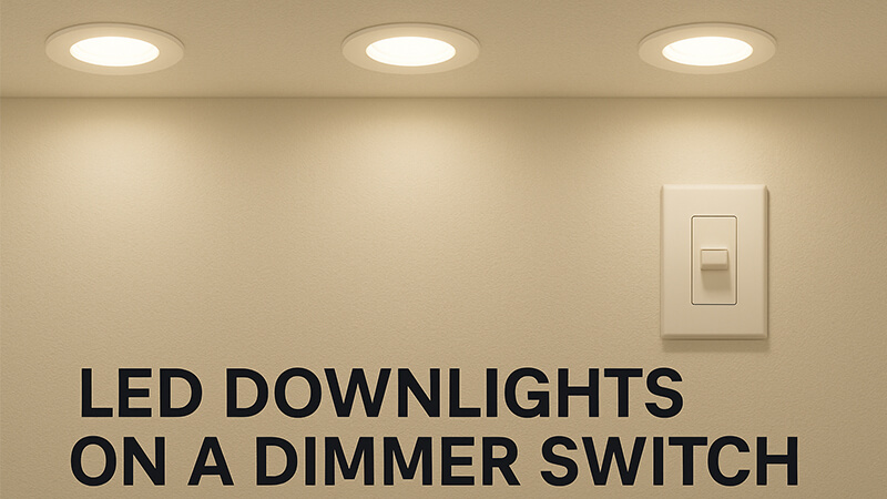 A close-up of an LED downlight installed in a ceiling with a dimmer switch on the wall.