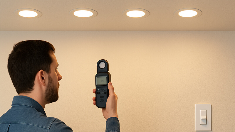 A technician testing a row of LED can lights with a dimmer to check for flicker.