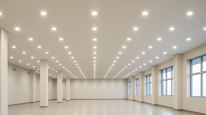 A large commercial space with high ceilings and bright downlights