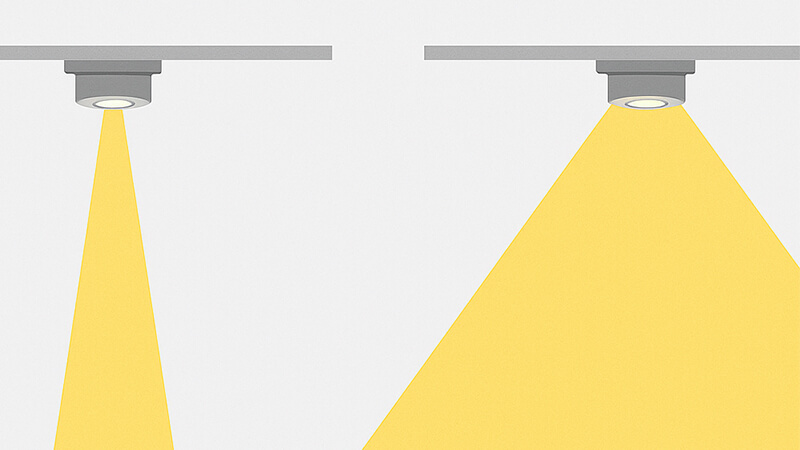 An illustration comparing narrow and wide beam angles from a downlight