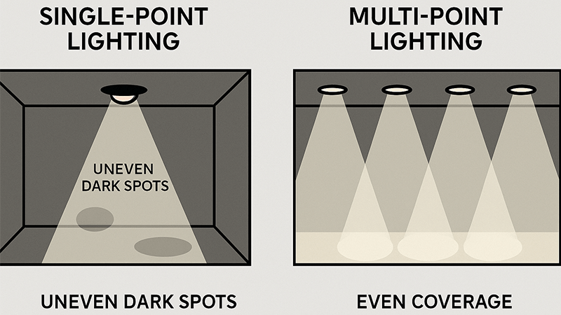 A diagram comparing single-point lighting with uneven dark spots versus multi-point lighting with even coverage.