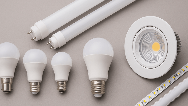 An array of different types of LED lights, including bulbs, tubes, strips, and downlights.