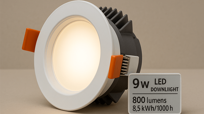 A 9W LED downlight with a label showing its lumen output and energy consumption.