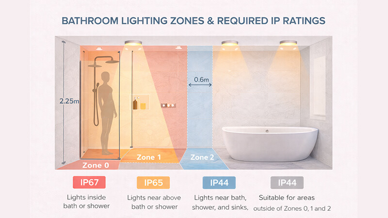 Bathroom Zones and IP Ratings Explained An illustration explaining bathroom lighting zones and required IP ratings